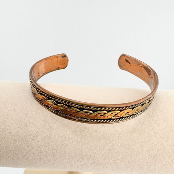 Vintage Copper Brass Cuff Bracelet Swirl Design Mixed Metal Boho Unisex Retro - Picture 6 of 7